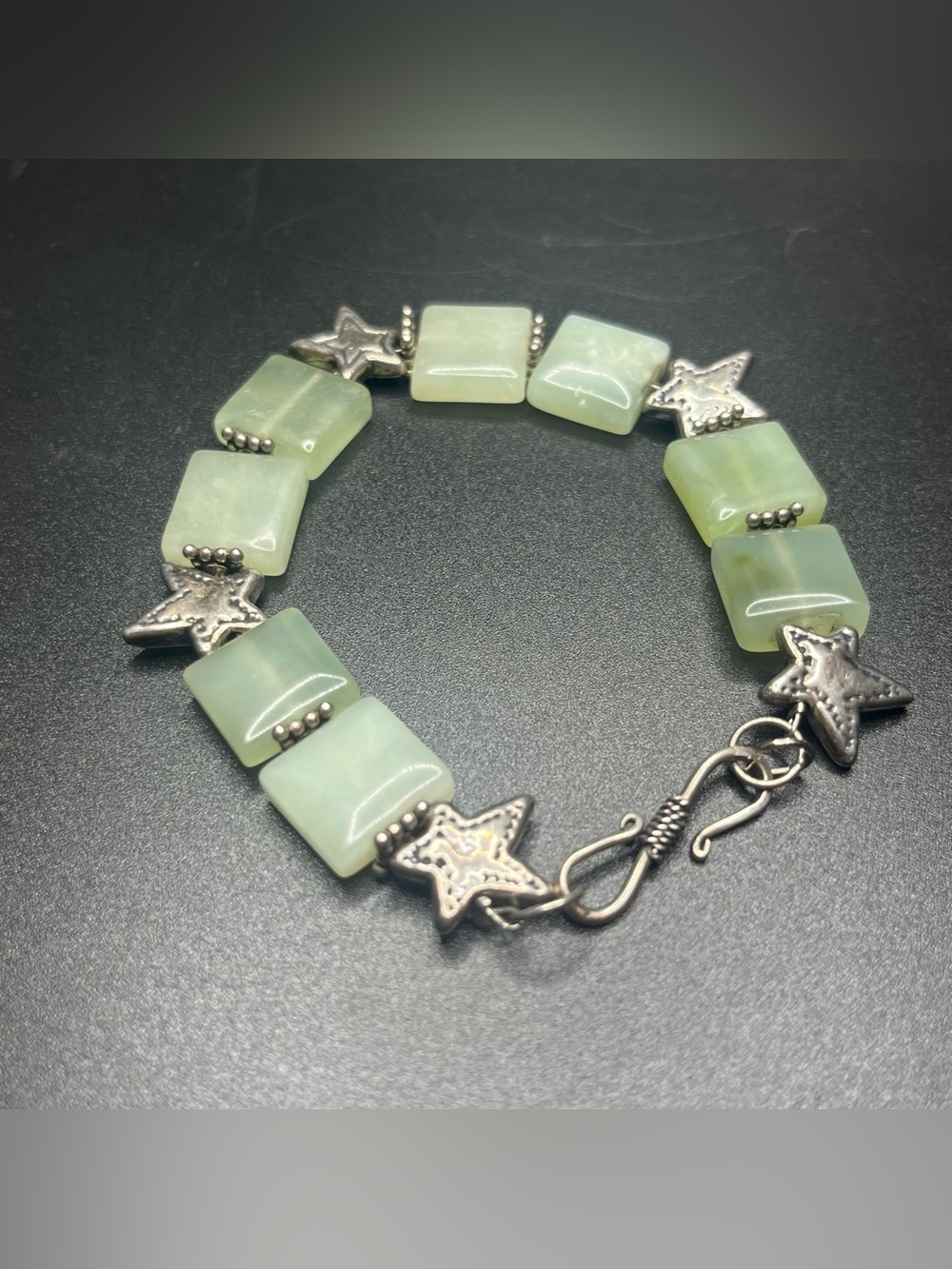 Sterling Silver Green Stone Bracelet Star Link Toggle Hook 7” Natural Stone